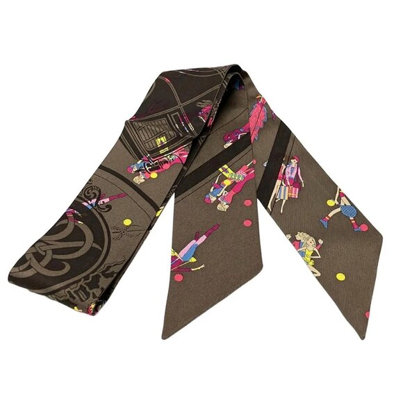 Auth HERMES Twilly - Dark Brown Yellow Multi Scarf - Picture 2 of 5